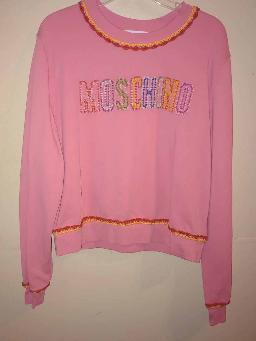 EUC Authentic Moschino Couture Crewneck Crochet logo Organic Cotton Wms Size 12